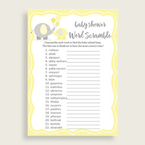 Word Scramble Baby Shower Word Scramble Yellow Baby Shower Word Scramble Baby Shower Elephant Word Scramble Yellow Gray party décor W6ZPZ