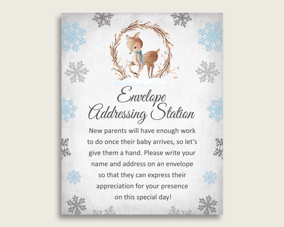 Gray Blue Baby Shower Address Sign Printable, Winter Deer Envelope Station Sign, Envelope Addressing Baby Shower Boy, Snowflakes Z20R3 Il_570xn