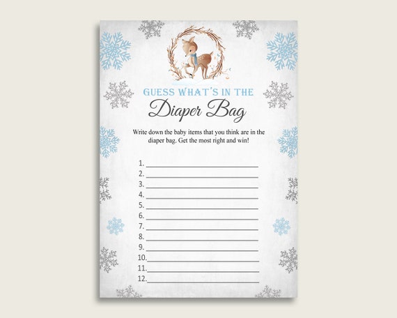 Winter Deer Guess What's In The Diaper Bag Game, Boy Baby Shower Gray Blue Diaper Game Printable, Instant Download, Little Buck, Z20R3 Il_570xn