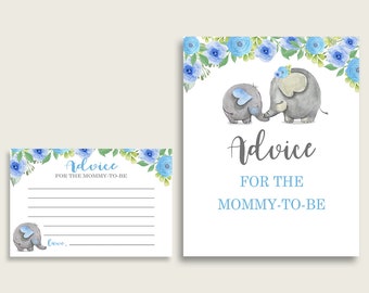 Elephant Blue Advice For Mommy To Be Cards & Sign, Printable Baby Shower Blue Gray Advice For New Parents, Instant Download, Mammoth ebl01