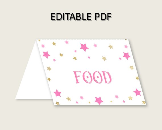 twinkle star folded food tent cards printable pink gold editable food placecards
