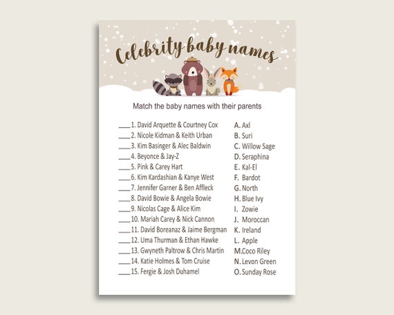 Beige Brown Movie star Little one Names, Wintertime Woodland Little one graphic relating to Celebrity Baby Name Game Printable known as Beige Brown Movie star Youngster Names, Wintertime Woodland Little one