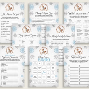 Winter Deer Baby Shower Games Printable Pack, Gray Blue Baby Shower Games Package Boy, Winter Deer Games Bundle Set, Instant Download, Z20R3