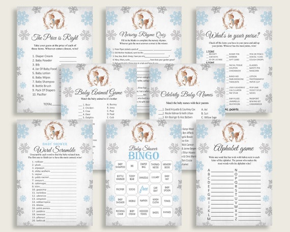 Winter Deer Baby Shower Games Printable Pack, Gray Blue Baby Shower Games Package Boy, Winter Deer Games Bundle Set, Instant Download, Z20R3 Il_570xn