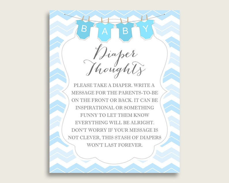 Chevron Baby Shower Diaper Thoughts Printable Boy Blue White Etsy