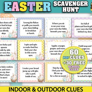 以下が含まれることがあります： カラフルなウサギと卵のイラストが描かれた、印刷可能なイースターの宝探しゲームのヒント60個セット。ヒントは屋内と屋外の両方で使用できるように設計されています。カードのテキストには「60 PDFヒント+ 30無料の学校ヒント」と書いてあります。