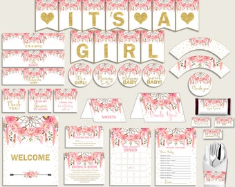 Pink Gold Baby Shower Decorations Girl Kit, Dreamcatcher Baby Shower Party Package Printable, Instant Download, Bohemian Feathers I60OO