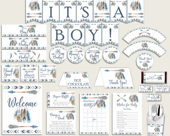 Blue Beige Baby Shower Decorations Boy Kit, Tribal Arrows Baby Shower Party Package Printable, Instant Download, Bohemian Arrow QAQ18 Il_570xn