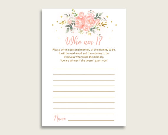 Peach Floral Who Am I Game Printable, Girl Baby Shower Memory With Mommy, Pink Gold Baby Shower Activity, Instant Download, 1W00B Il_570xn