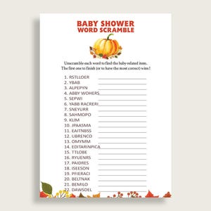 Gender Neutral Baby Shower Word Scramble Game Printable, Cute Fall Orange Brown Word Scramble, Funny Activity, Instant Download, BPK3D