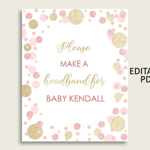 Dots Baby Shower Headband Sign, Pink Gold Headband Station Sign Editable, Girl Shower Headband For Baby, Instant Download, Polka Dots RUK83
