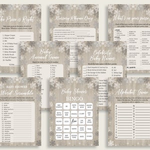 Puede incluir: Un conjunto de tarjetas de juego de baby shower imprimibles con un tema invernal. Las tarjetas presentan un fondo de madera con copos de nieve y est&aacute;n impresas en blanco y negro. Los juegos incluyen "El precio es correcto", "Cuestionario de rimas de la guarder&iacute;a", "Juego de animales para beb&eacute;s", "Nombres de beb&eacute;s famosos", "&iquest;Qu&eacute; hay en tu bolso?", "Desorden de palabras de baby shower", "Bingo de baby shower" y "Juego del alfabeto".