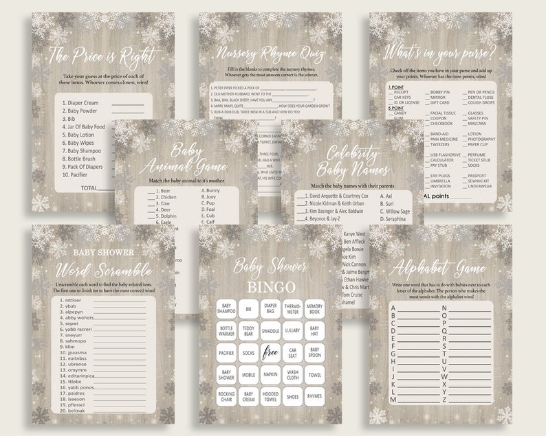 Puede incluir: Un conjunto de tarjetas de juego de baby shower imprimibles con un tema invernal. Las tarjetas presentan un fondo de madera con copos de nieve y est&aacute;n impresas en blanco y negro. Los juegos incluyen "El precio es correcto", "Cuestionario de rimas de la guarder&iacute;a", "Juego de animales para beb&eacute;s", "Nombres de beb&eacute;s famosos", "&iquest;Qu&eacute; hay en tu bolso?", "Desorden de palabras de baby shower", "Bingo de baby shower" y "Juego del alfabeto".