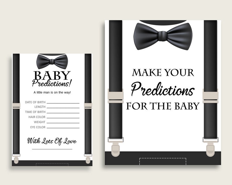 Puede incluir: Una tarjeta de juego de baby shower en blanco y negro con un dise&ntilde;o de corbata de lazo y tirantes. La tarjeta dice "&iexcl;Predicciones de beb&eacute;!" e incluye una lista de predicciones para el beb&eacute;, como la fecha de nacimiento, la longitud, la hora de nacimiento, el color del cabello, el peso y el color de los ojos. La tarjeta tambi&eacute;n dice "Con mucho amor".