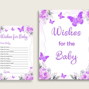 Deseos blancos púrpuras para tarjetas y letreros de bebé, juego de buenos deseos para niña de baby shower de mariposa imprimible, descarga instantánea, besos de mariposas 7AANK