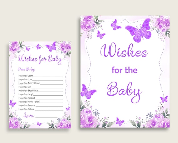 Purple White Wishes For Baby Cards & Sign, Butterfly Baby Shower Girl Well Wishes Game Printable, Instant Download, Butterflies Kisses 7AANK Il_570xn