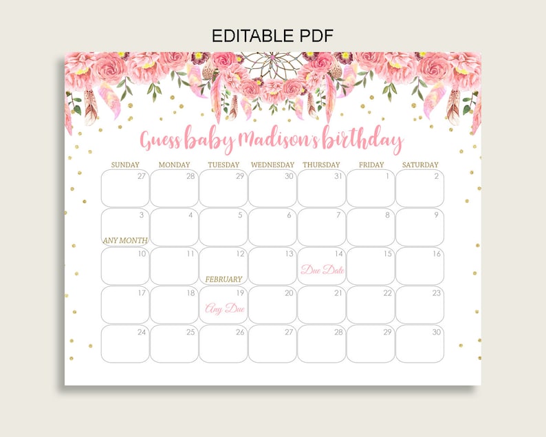 Pink Gold Guess Baby Due Date Calendar Game Printable Etsy