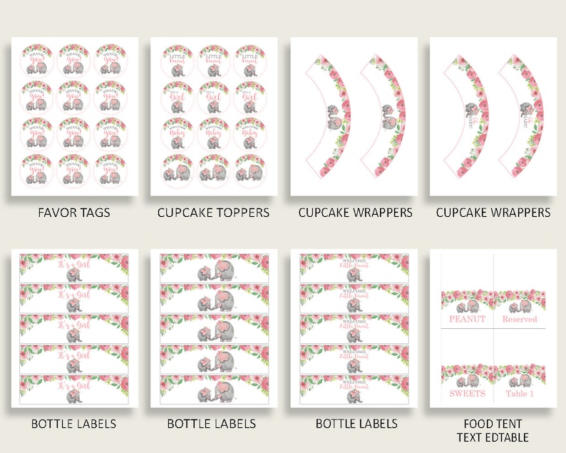 Pink Grey Baby Shower Decorations Girl Kit Pink Elephant Baby Etsy
