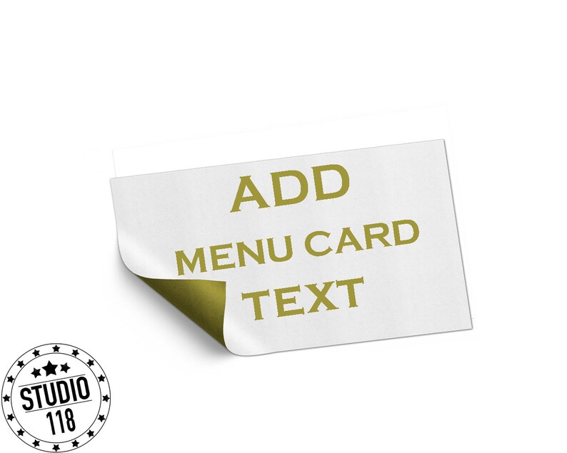 Puede incluir: Tarjeta blanca con el texto "ADD MENU CARD TEXT" en letras doradas.