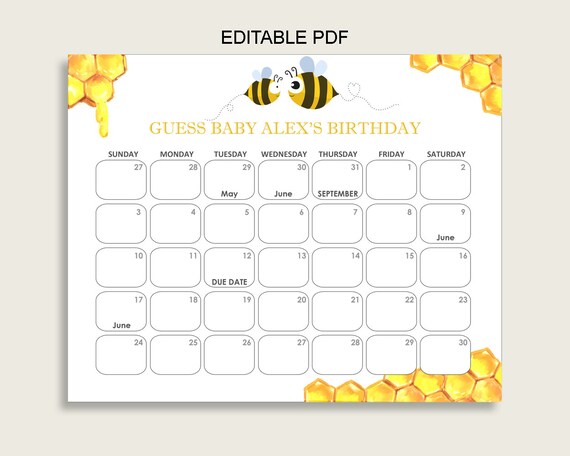 Yellow White Guess Baby Due Date Calendar Game Printable Bee Baby Shower Gender Neutral Birthday Prediction Calendar Editable bee01