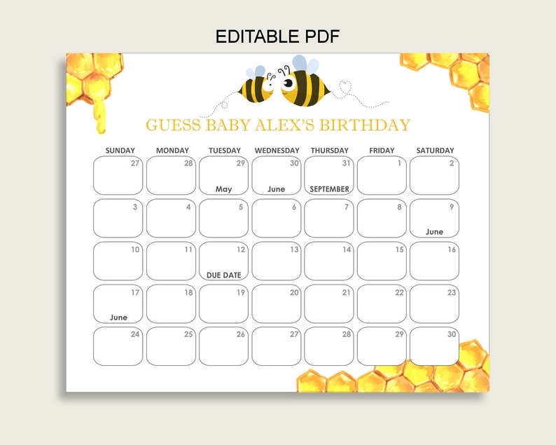 Yellow White Guess Baby Due Date Calendar Game Printable Bee Etsy