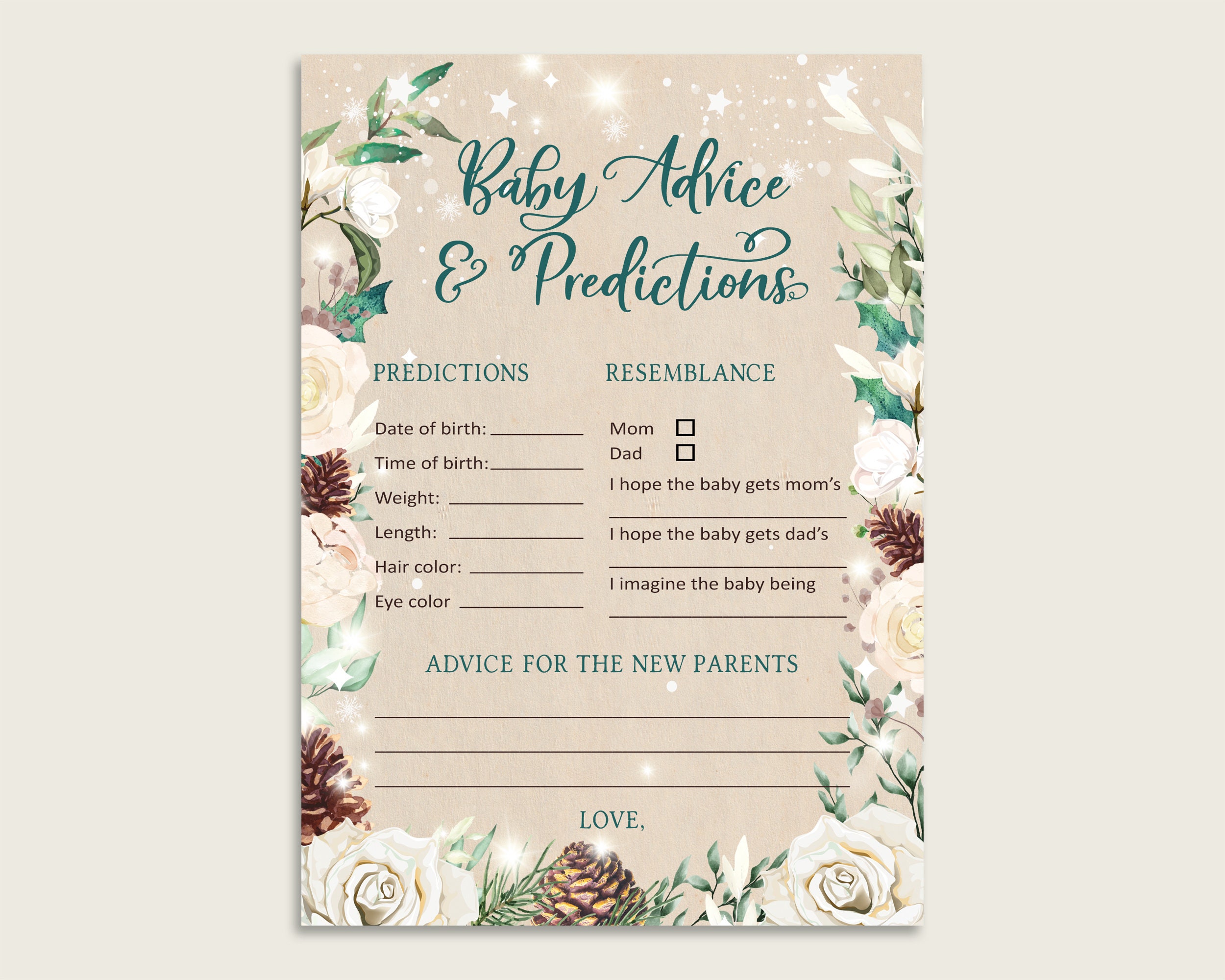 Winter Rustikale Baby Voraussagen und Rat Karten druckbare, Beige Rat Spiel Karte, Gender Neutral Baby Shower, Instant Download, 3RBC2