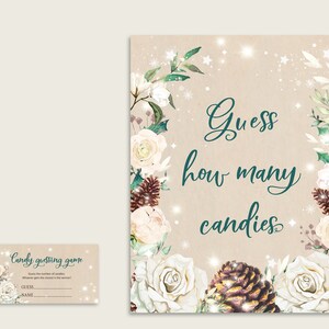 Beige Green Candy Guessing Game, Guess How Many Candies Printable, Candy Jar Game, Jelly Beans, Winter Rustic Baby Shower Gender 3RBC2