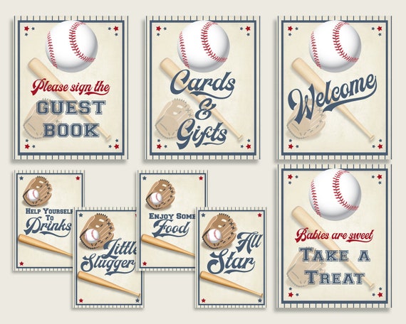 Baseball Baby Shower Boy Table Signs Printable Blue Beige Party