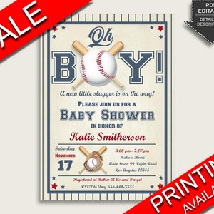 Baseball Baby Shower Invitations Printable, Digital Or Printed Invitation Baby Shower Boy, Editable Invitation Blue Beige All Star YKN4H image 1