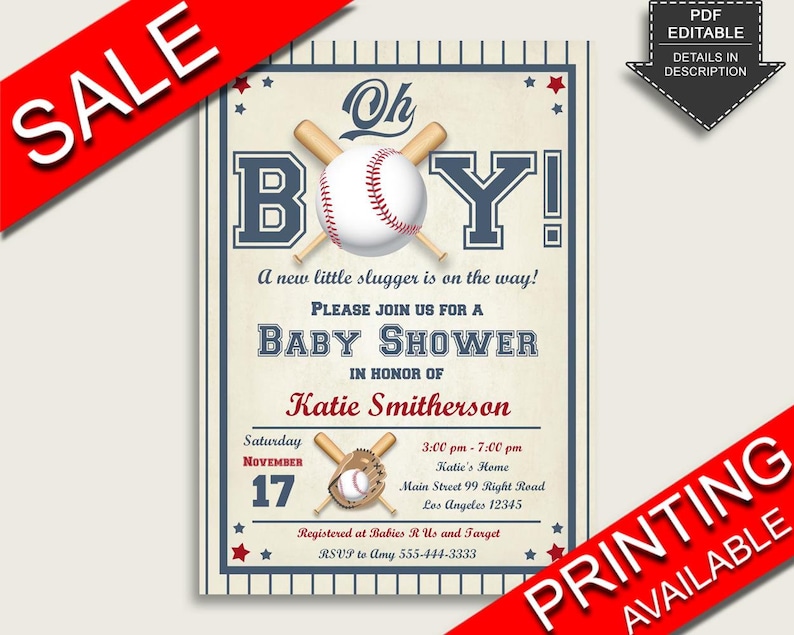 Baseball Baby Shower Invitations Printable, Digital Or Printed Invitation Baby Shower Boy, Editable Invitation Blue Beige All Star YKN4H image 1