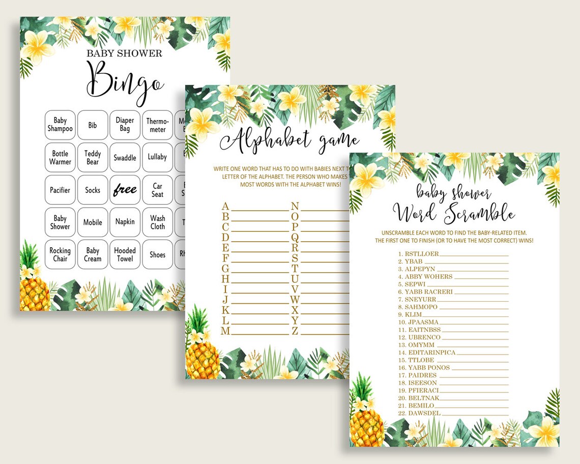 Tropical Baby Shower Games Printable Pack Green Yellow Baby Etsy