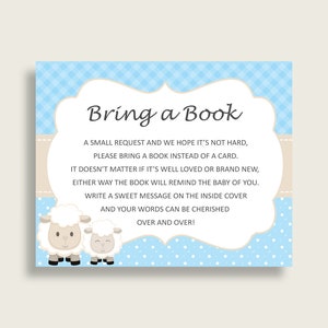 Petit agneau bébé douche apporter un livre Insert imprimable, garçon bleu blanc demande de livre, petit agneau livres pour bébé, livre au lieu de carte, fa001