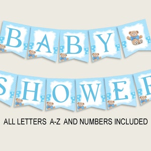 Puede incluir: Bandera de baby shower azul y blanca con ositos de peluche y el texto "BABY SHOWER". Se incluyen todas las letras A-Z y los números.