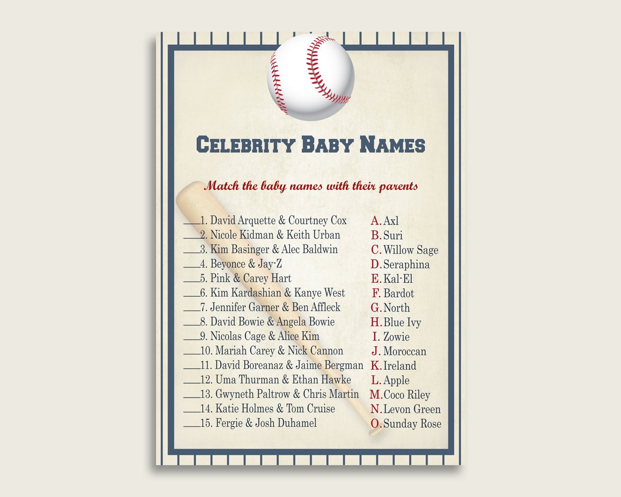 Blue Beige Celebrity Baby Names Baseball Baby Shower Boy Name - Etsy Israel