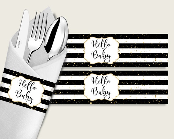 Stripes Baby Shower Napkin Rings Printable, Black Gold Napkin Wrappers, Gender Neutral Shower Utensils Wrap, Instant Download, bs001 Il_570xn