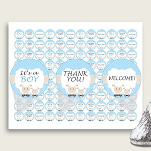 Little Lamb Hershey Kisses Circle Printable, Blue White Hershey Kisses Labels Round Digital, Boy Baby Shower, Instant Download, Sheep, fa001