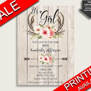 Boho Antlers Baby Shower Invitations Printable, Digital Or Printed Invitation Baby Shower Girl, Editable Invitation Beige Pink Rustic 9PUAC