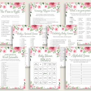 Watercolor Flowers Baby Shower Games Printable Pack, Pink Green Baby Shower Games Package Girl, Watercolor Flowers Games Bundle Set flp01