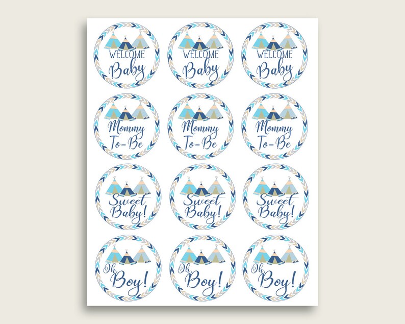 Tribal Teepee Cupcake Toppers, Blue Beige Cupcake Wrappers, Toppers Wrappers Baby Shower Boy, Instant Download, Boho Style Navy Blue KS6AW image 3