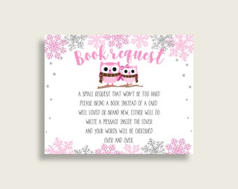 Winter Owl Baby Shower Bring A Book Insert Printable, Girl Pink Gray Book Request, Winter Owl Books For Baby, Book Instead Of Card, owt01