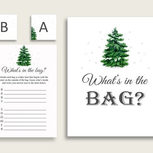 Winter Tree Baby Shower What&#39;s In The Bag Game, Green White Gender Neutral Bag Game Printable, Instant Download, Christmas cgr01