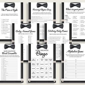 May include: A set of printable baby shower game cards with black and white designs. The games include "The Price is Right", "Nursery Rhyme Quiz", "Baby Animal Game", "Celebrity Baby Names", "What's in Your Purse?", "Baby Shower Word Scramble", "Baby Shower Bingo", and "Alphabet Game".