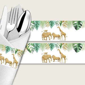 Anelli per tovaglioli Jungle Baby Shower stampabili, involucri per tovaglioli verde oro, avvolgimento di utensili per doccia di genere neutro, download istantaneo, EJRED