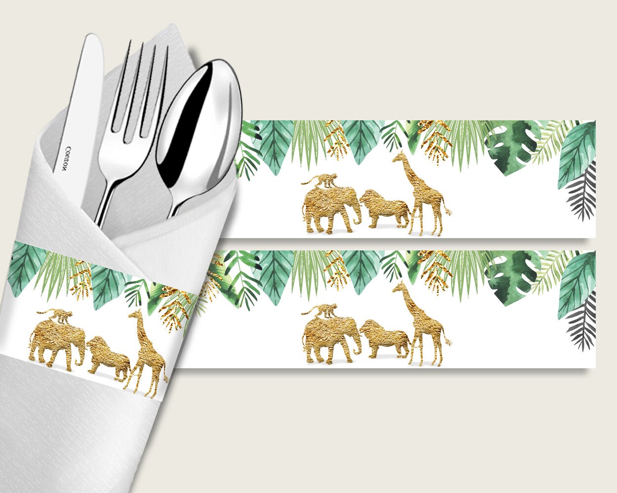 Jungle Baby Shower Napkin Rings Printable Gold Green Napkin Wrappers Gender Neutral Shower Utensils Wrap Instant Download
