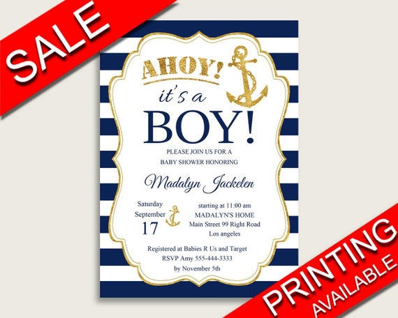 Anchor Baby Shower Invitations Printable, Digital Or Printed Invitation Baby Shower Boy, Editable Invitation Blue Gold Sale Anchor NTDD8 Il_570xn