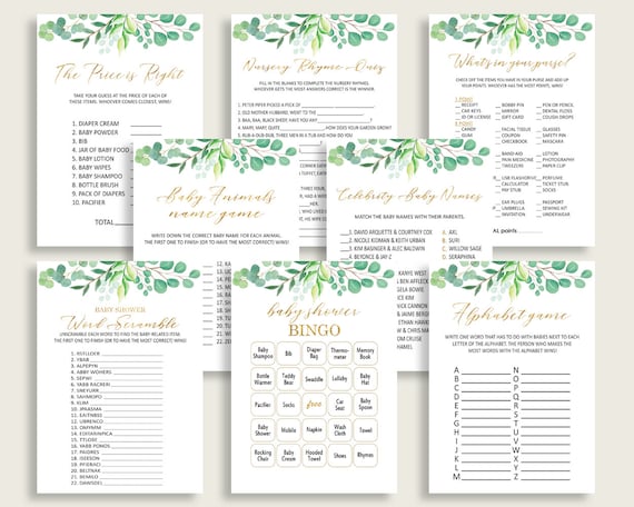 Baby Shower Games Pack Printable Baby Shower Games Bundle Greenery Baby Shower Games Set Instant Download Baby Shower Activities DIYGGR