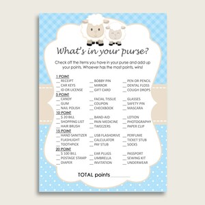 Little Lamb What&#39;s In Your Purse Game Printable, Blue White Whats In Your Purse, Boy Baby Shower Purse Game, Instant Download, Sheep fa001