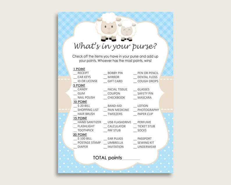 Little Lamb What's In Your Purse Game Printable, Blue White Whats In Your Purse, Boy Baby Shower Purse Game, Instant Download, Sheep fa001 image 1