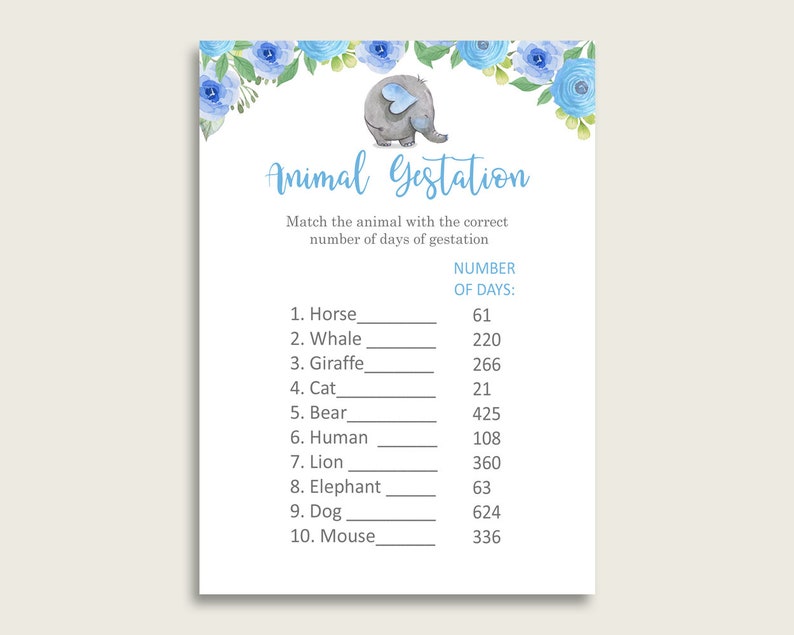 Elephant Blue Animal Pregnancy Gestation Game, Blue Gray Baby Shower Boy Printable Activities, Instant Download, Dumbo Elephant ebl01 image 1