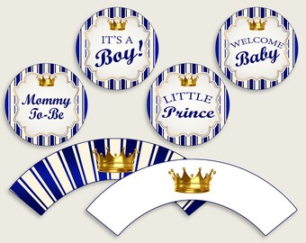 Royal Prince Cupcake Toppers, Envoltorios de cupcakes de oro azul, Toppers Wrappers Baby Shower Boy, Descarga instantánea, Prince Theme Navy King rp001